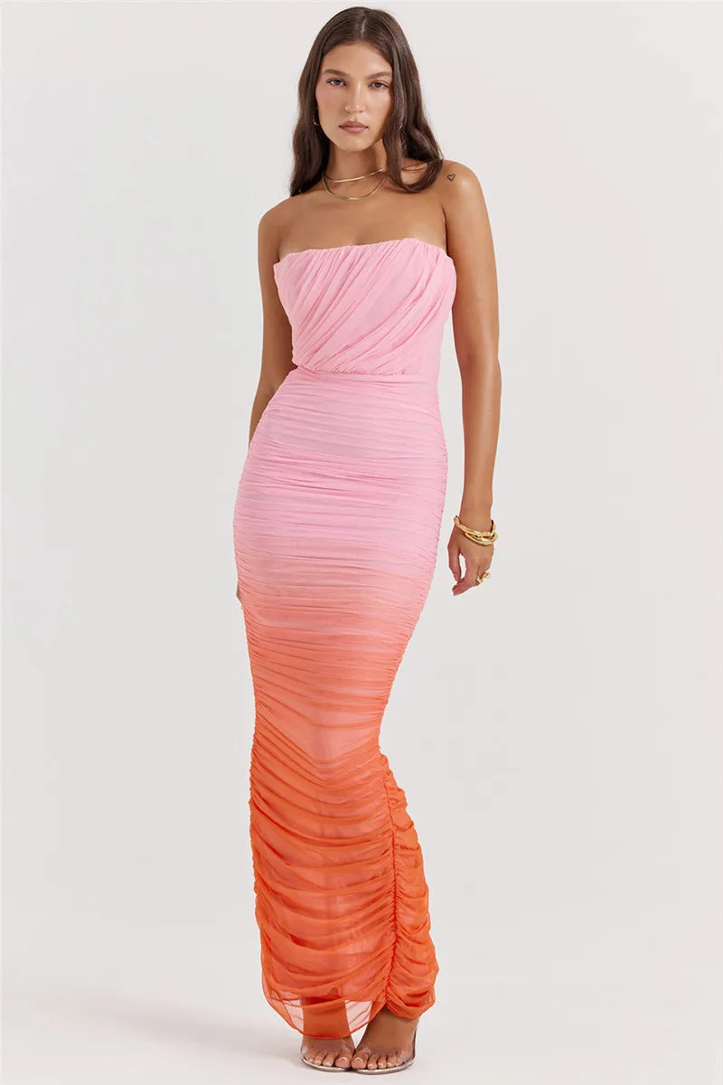 Gradient Strapless Backless Sexy Maxi Dress For Women Fashion Off-shoulder Sleeveless Bodycon Back Split Long Dress