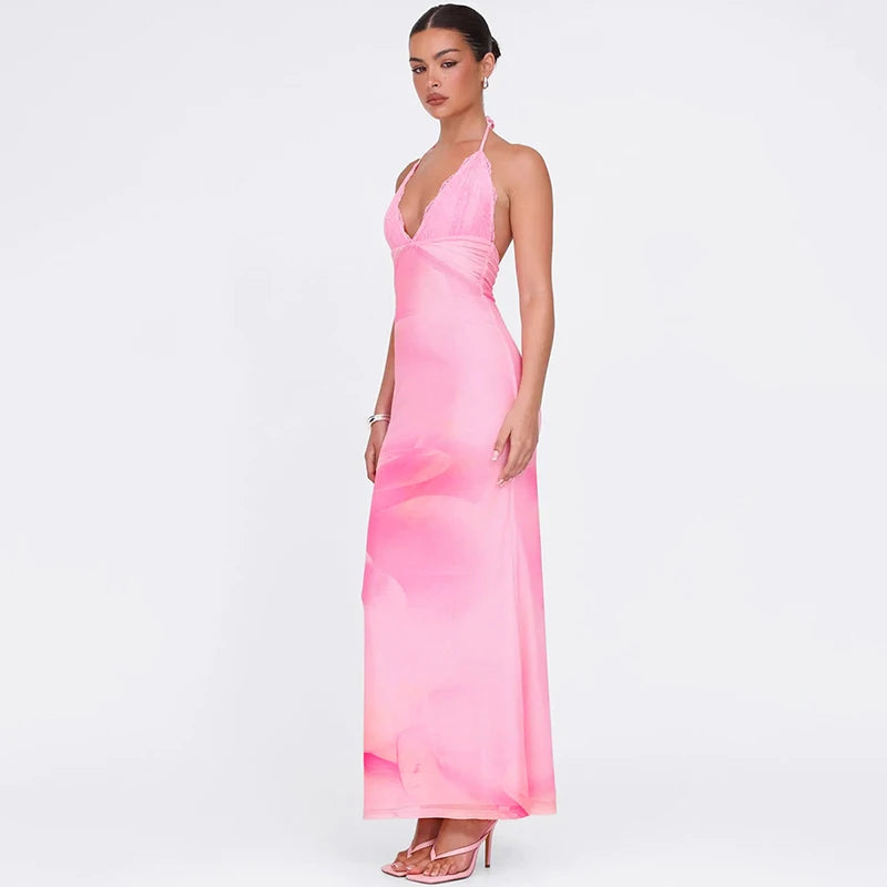 Spaghetti Strap Backless Sexy Maxi Dress For Women Gown Fashion Lace Deep V Neck Sleeveless Bodycon Long Dress Vestido