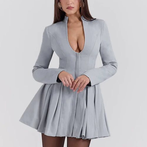 Load image into Gallery viewer, Gray Long Sleeve Sexy Mini Dress Women Solid V Neck High Waist A-line Club Party Pleated Sexy Dress Elegant Clubwear

