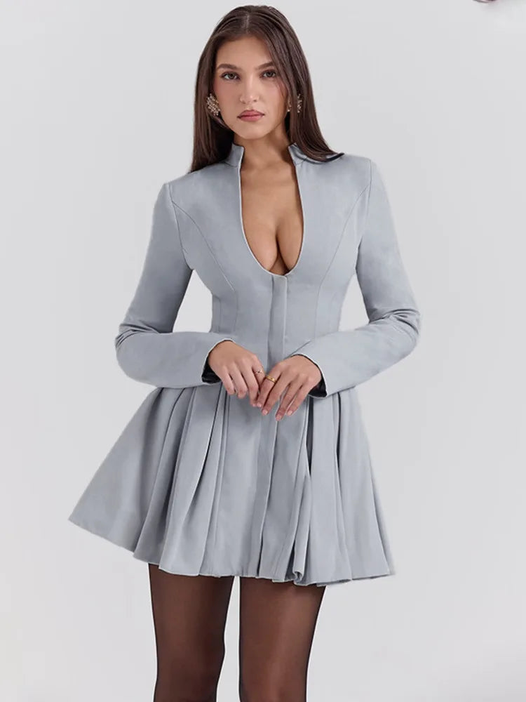 Gray Long Sleeve Sexy Mini Dress Women Solid V Neck High Waist A-line Club Party Pleated Sexy Dress Elegant Clubwear