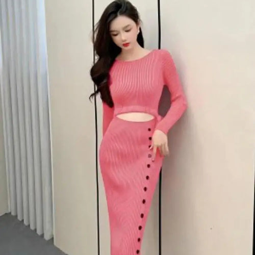 Load image into Gallery viewer, French Women Solid Elegant Festival Hollow Out Knit Dress Autumn Long Sleeve Slim Fashion Drawstring Lace-up Wrap Hip Dress Chic
