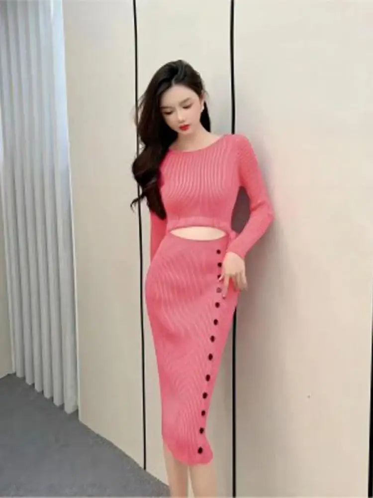 French Women Solid Elegant Festival Hollow Out Knit Dress Autumn Long Sleeve Slim Fashion Drawstring Lace-up Wrap Hip Dress Chic