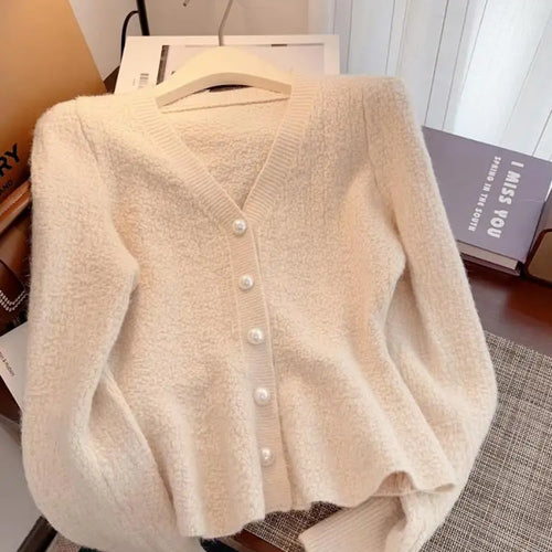 Load image into Gallery viewer, Autumn Winter Solid Elegant V Neck Single Breasted Ruffles Short Sweater Women's French 2024 New Long Sleeved Slim Knitted Tops
