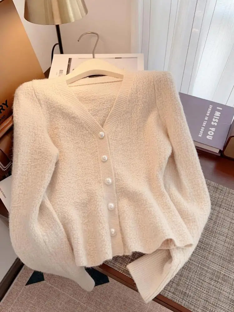 Autumn Winter Solid Elegant V Neck Single Breasted Ruffles Short Sweater Women's French 2024 New Long Sleeved Slim Knitted Tops