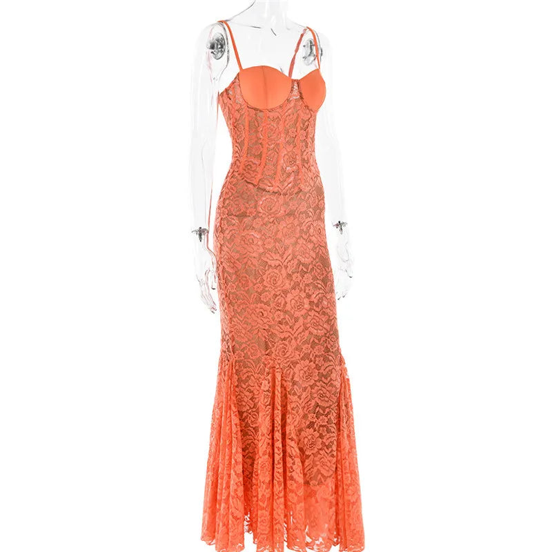 Floral Lace Sexy Maxi Dress For Women Orange Spaghetti Strap Sleeveless Backless Bodycon Club Party Long Dress Elegant
