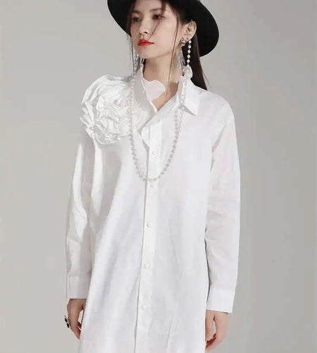 Women White Flower Big Size Long Blouse New Ruffles Collar Long Sleeve Shirt Fashion Tide Spring Autumn 2025 1DH4787