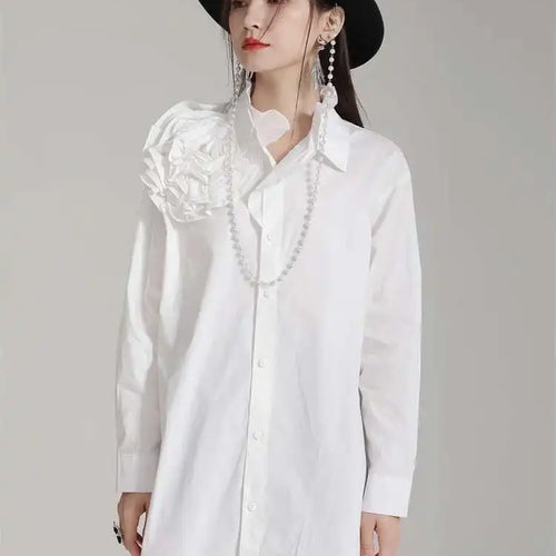 Load image into Gallery viewer, Women White Flower Big Size Long Blouse New Ruffles Collar Long Sleeve Shirt Fashion Tide Spring Autumn 2025 1DH4787
