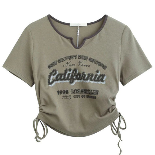 Load image into Gallery viewer, Drawstring Y2k T Shirt Women Letter Crop Top Americal Retro Short Sleeve Tees Korean Graphic Slim Summer Tshirts 2000s Clothes
