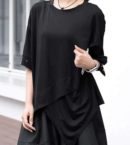 Women Black Irregular Hem Big Size Casual T-shirt New Round Neck Short Sleeve Fashion Tide Spring Summer 2025 1DJ0618