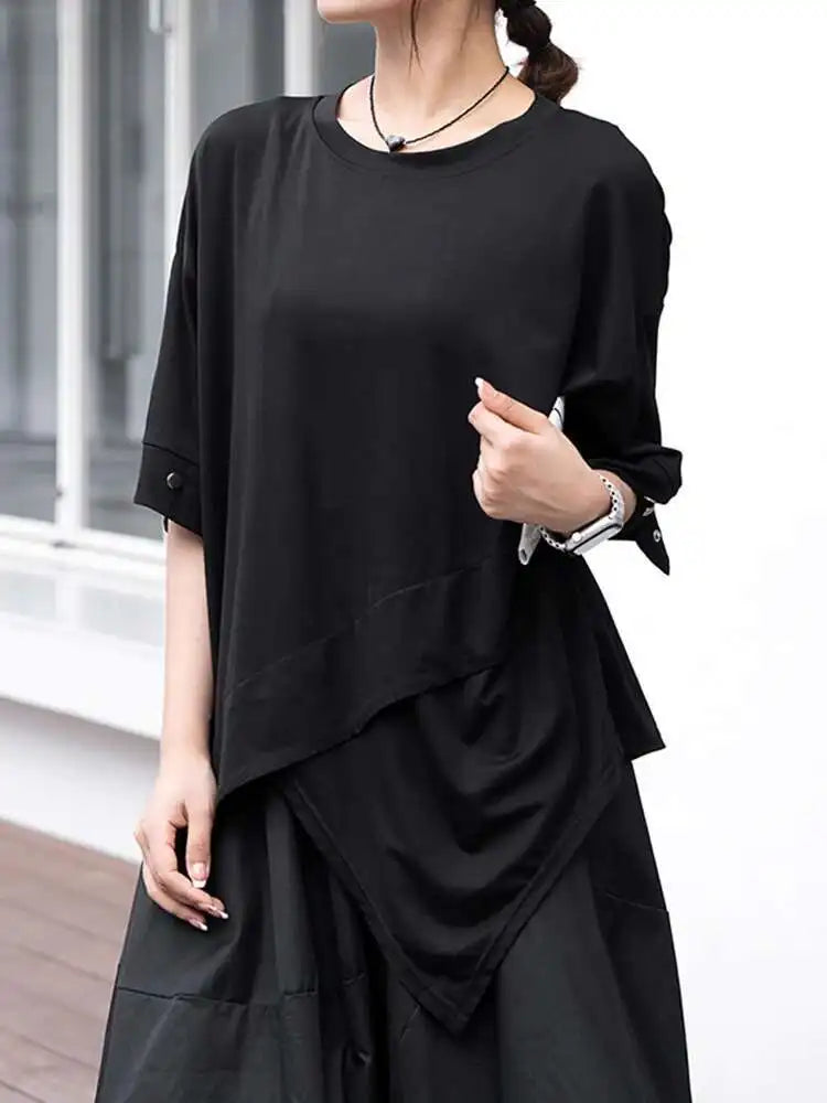 Women Black Irregular Hem Big Size Casual T-shirt New Round Neck Short Sleeve Fashion Tide Spring Summer 2025 1DJ0618