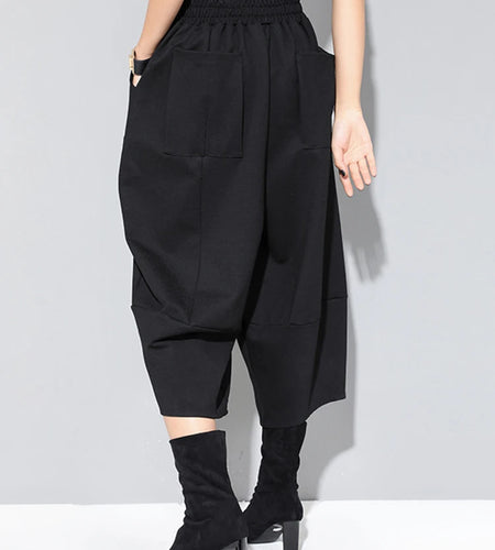 Spring Autumn High Elastic Waist Black Loose Big Pocket Brief Loose Harem Pants Women Trousers Fashion Tide JQ012