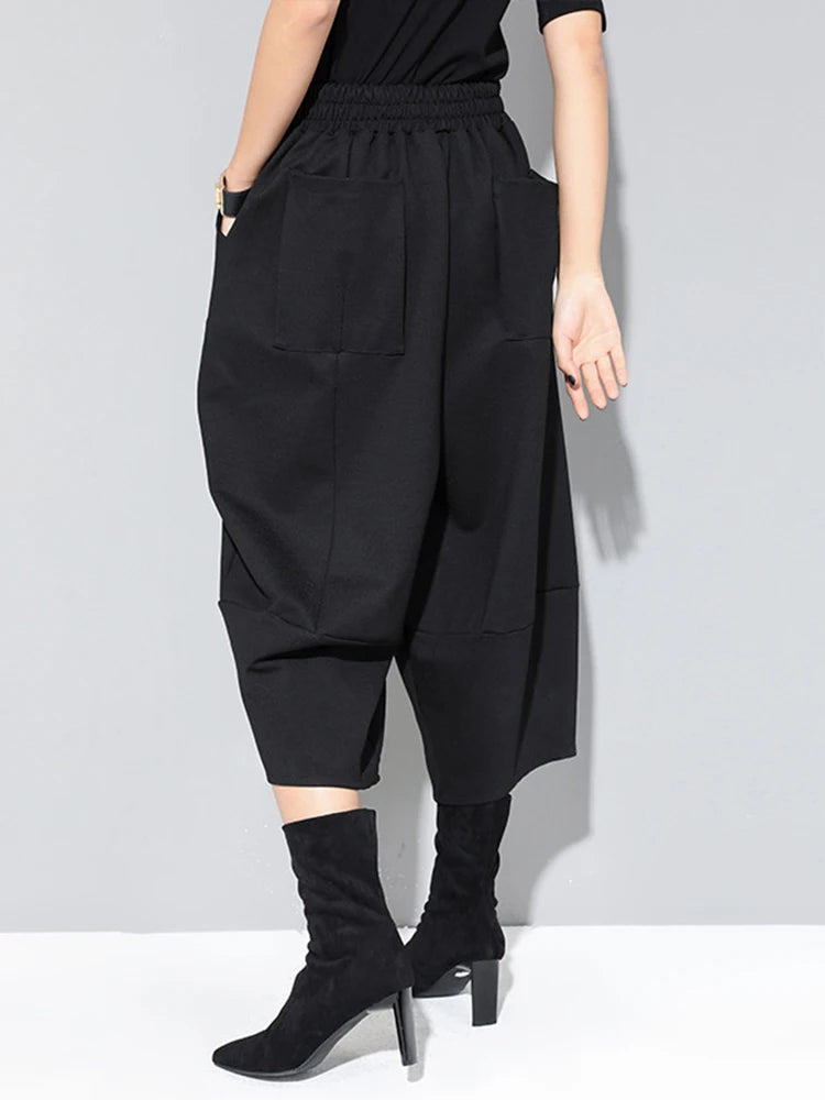 Spring Autumn High Elastic Waist Black Loose Big Pocket Brief Loose Harem Pants Women Trousers Fashion Tide JQ012