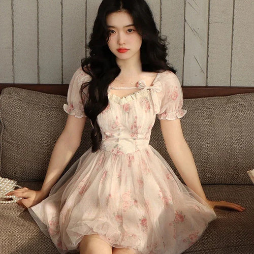 Load image into Gallery viewer, Korean Fashion Casual Sweet Short Party Dress Summer Simple Lolita Pink Y2k Mini Dress Woman Beach Short Sleeve Floral Dress
