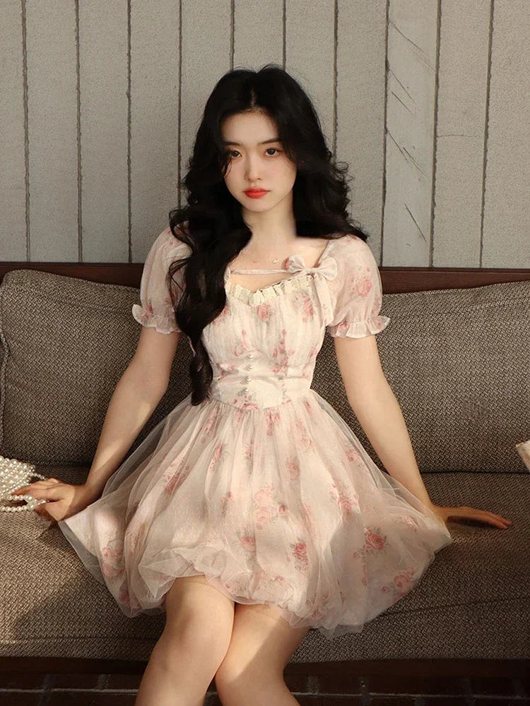 Korean Fashion Casual Sweet Short Party Dress Summer Simple Lolita Pink Y2k Mini Dress Woman Beach Short Sleeve Floral Dress