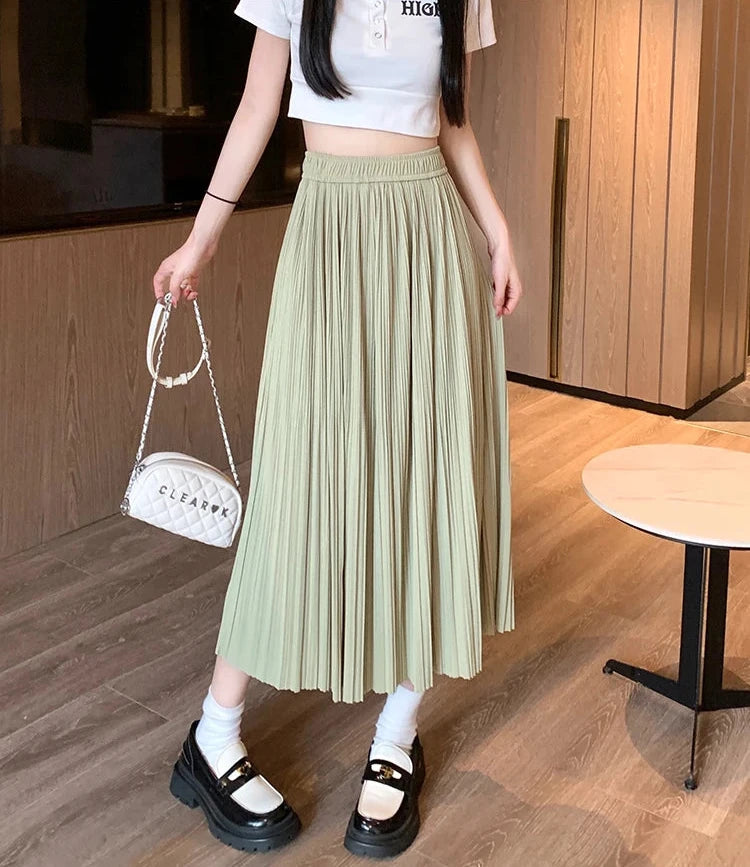 Pleated Skirt Womens Pring Summer Korean Version Slim Versatile High-Waist Pleated Mid-Length Casual A-Line Skirt