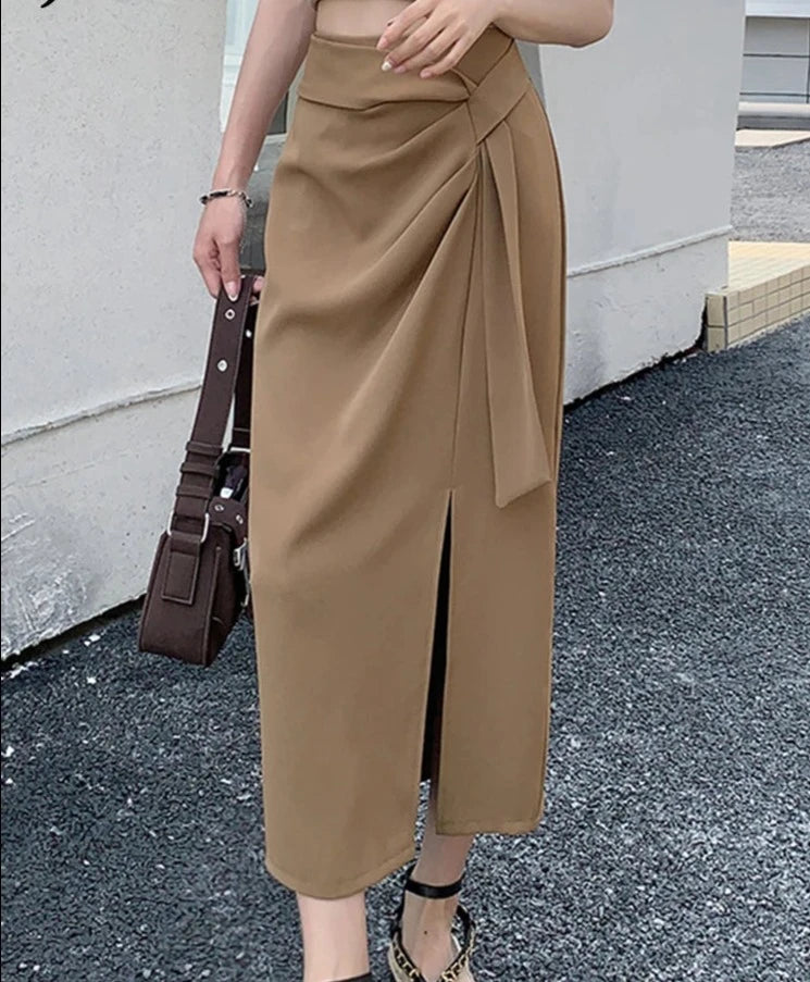 Pleated Irregular A-line Women Midi Skirts Solid Color Split Lace-up Black Casual Elegant Office Ladies Summer Skirt