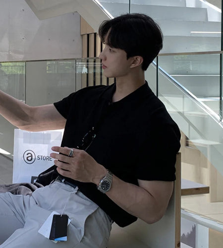 Men's Knitted Short Sleeve T-shirt Youth Handsome Turn-down Neck T-shirts New Korean Summer Loose Top Trendy 2025 9W1359