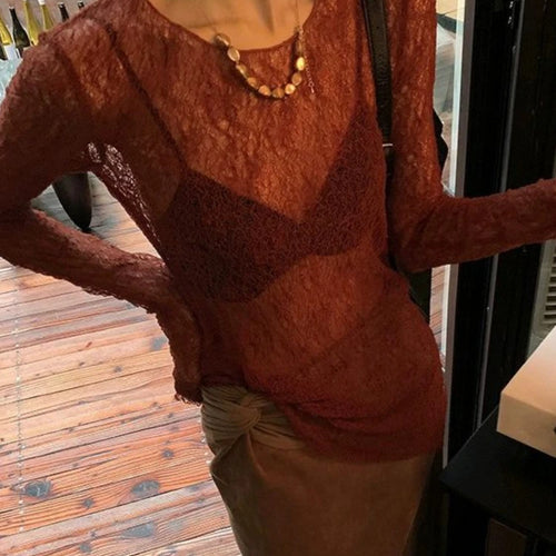 Load image into Gallery viewer, Y2K Hollow Out Knitted Smock Top Vintage Slim Fit T-shirt Women Gothic Crochet Pullovers Casual Y2k Aesthetic Tshirts Grunge
