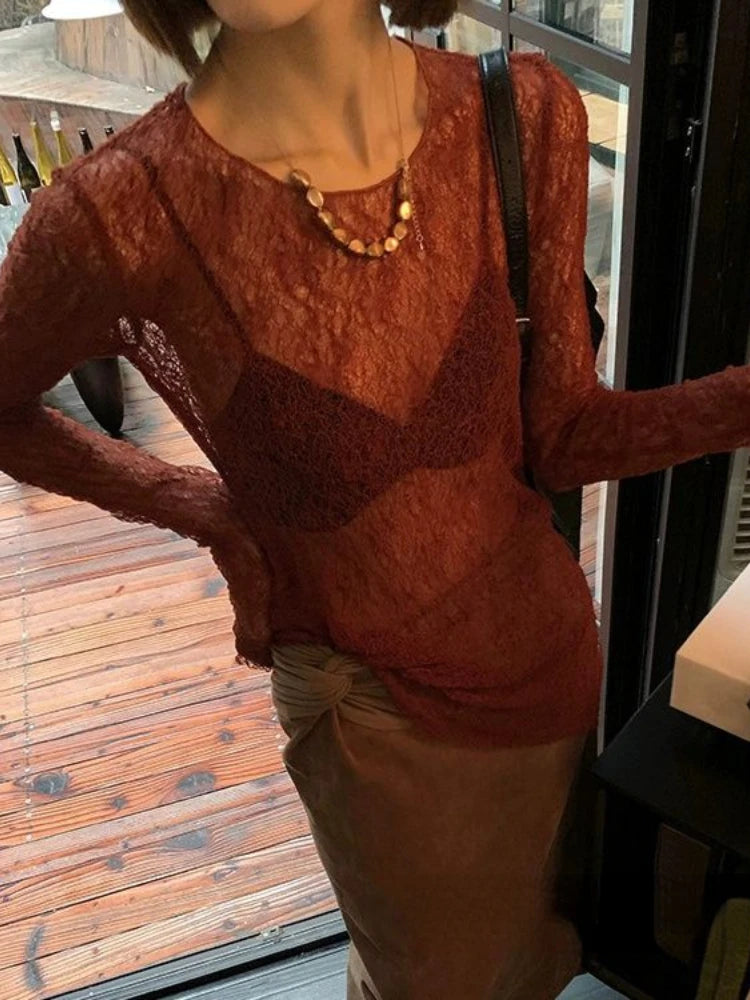 Y2K Hollow Out Knitted Smock Top Vintage Slim Fit T-shirt Women Gothic Crochet Pullovers Casual Y2k Aesthetic Tshirts Grunge