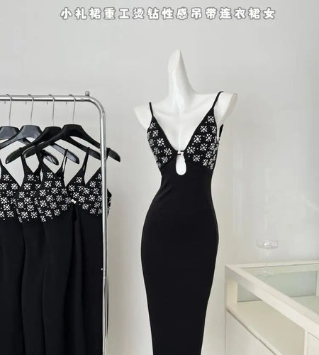 Summer Black Print Hollow Out Backless Party Slip Long Dress Women Sleeveless V Neck Sexy Club Wrapped Hip Dresses Clothes Trend