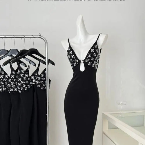 Load image into Gallery viewer, Summer Black Print Hollow Out Backless Party Slip Long Dress Women Sleeveless V Neck Sexy Club Wrapped Hip Dresses Clothes Trend
