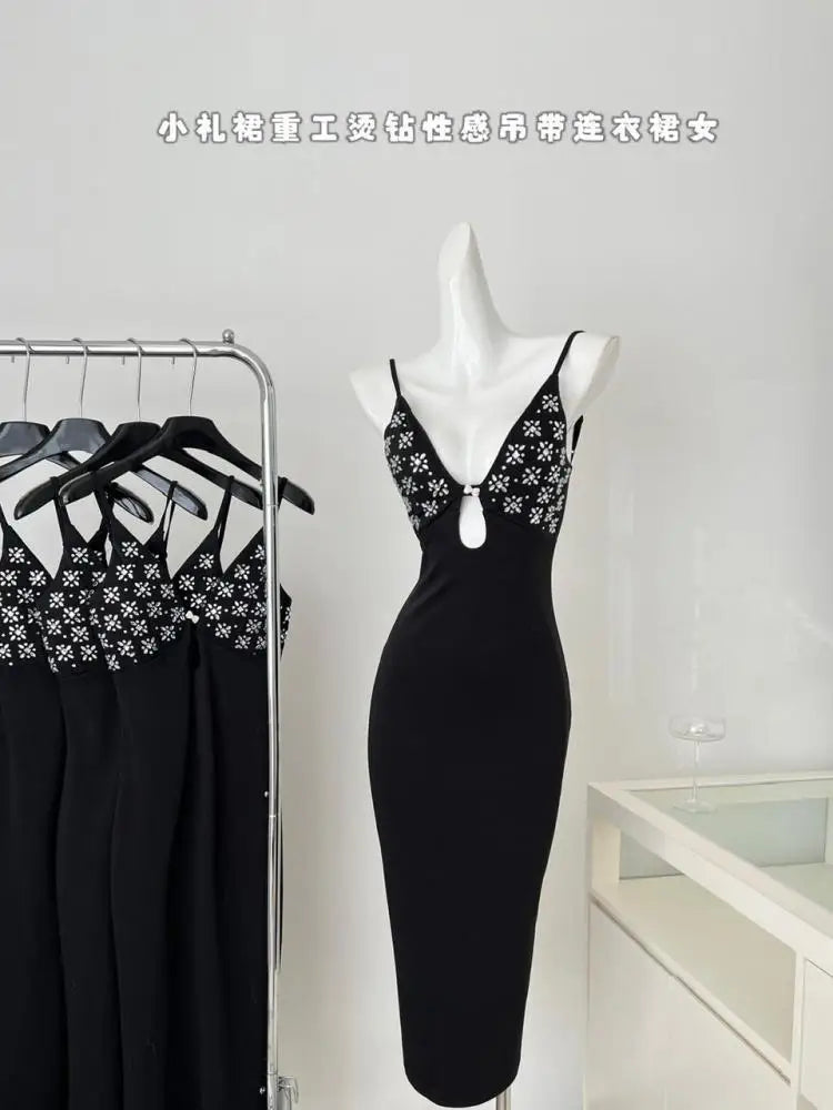 Summer Black Print Hollow Out Backless Party Slip Long Dress Women Sleeveless V Neck Sexy Club Wrapped Hip Dresses Clothes Trend