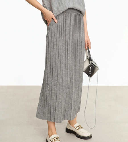Minimalist 2024 Pleated Skirt for Women Clothing Autumn New Loose Elastic Waist Knitted Ankle-length A-line Skirts 12323091