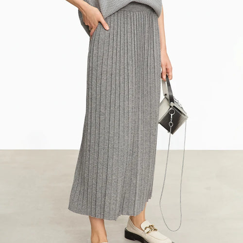 Minimalist 2024 Pleated Skirt for Women Clothing Autumn New Loose Elastic Waist Knitted Ankle-length A-line Skirts 12323091