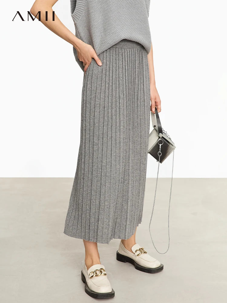 Minimalist 2024 Pleated Skirt for Women Clothing Autumn New Loose Elastic Waist Knitted Ankle-length A-line Skirts 12323091