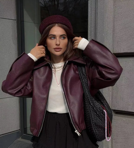 Autumn Winter 2024 Women's Moto Biker Zipper Long Sleeve Jacket Faux Leather Jacket Outerwears Causal New in Coats