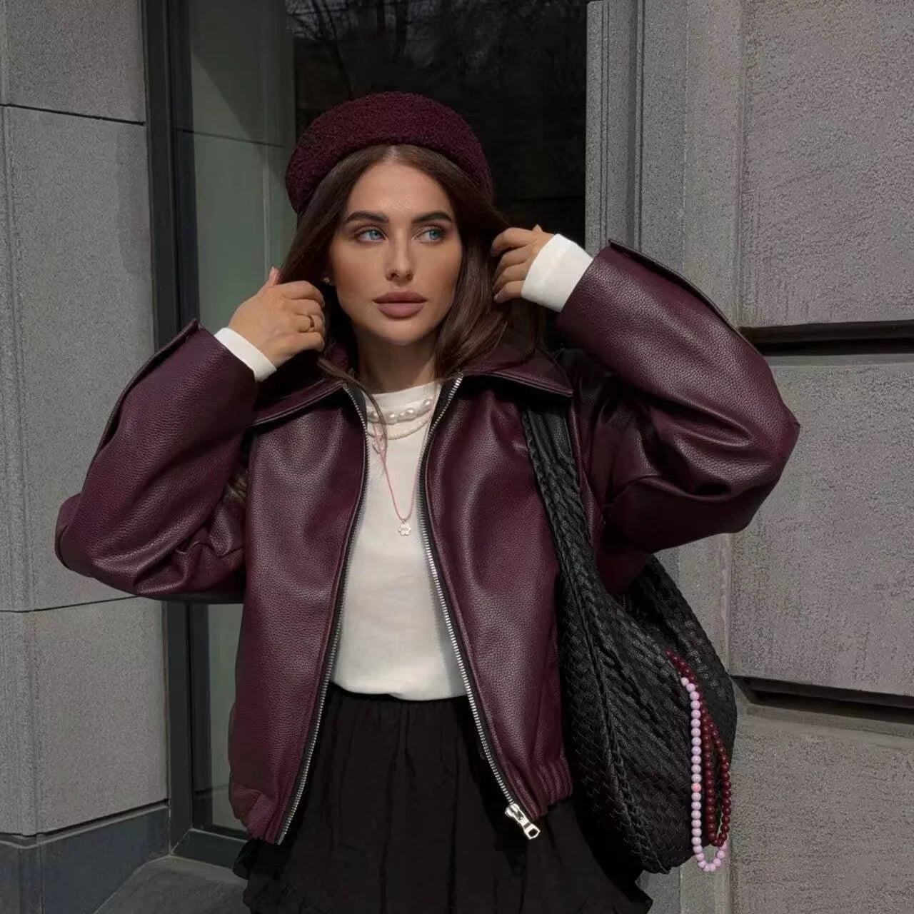 Autumn Winter 2024 Women's Moto Biker Zipper Long Sleeve Jacket Faux Leather Jacket Outerwears Causal New in Coats