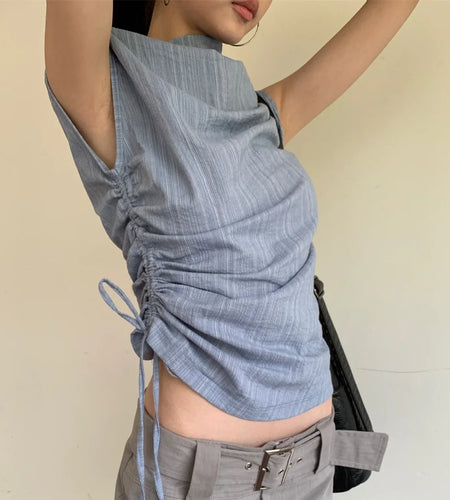 Half High Collar Drawstring Woman Tshirts 2024 Ropa Mujer Slim Waist Sleeveless Tees Solid Color Fashion Casual T Shirt Crop Top