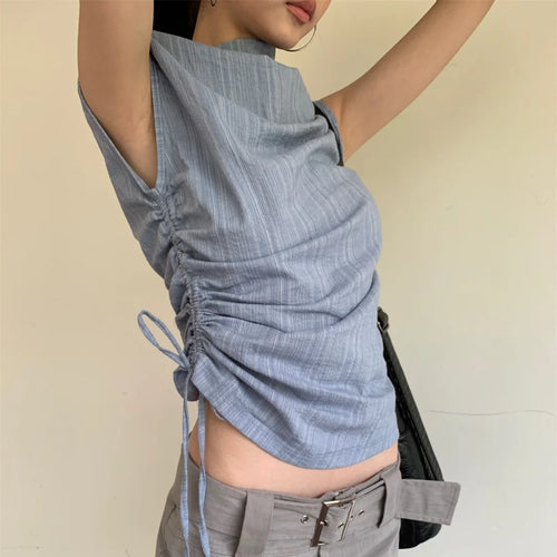 Load image into Gallery viewer, Half High Collar Drawstring Woman Tshirts 2024 Ropa Mujer Slim Waist Sleeveless Tees Solid Color Fashion Casual T Shirt Crop Top
