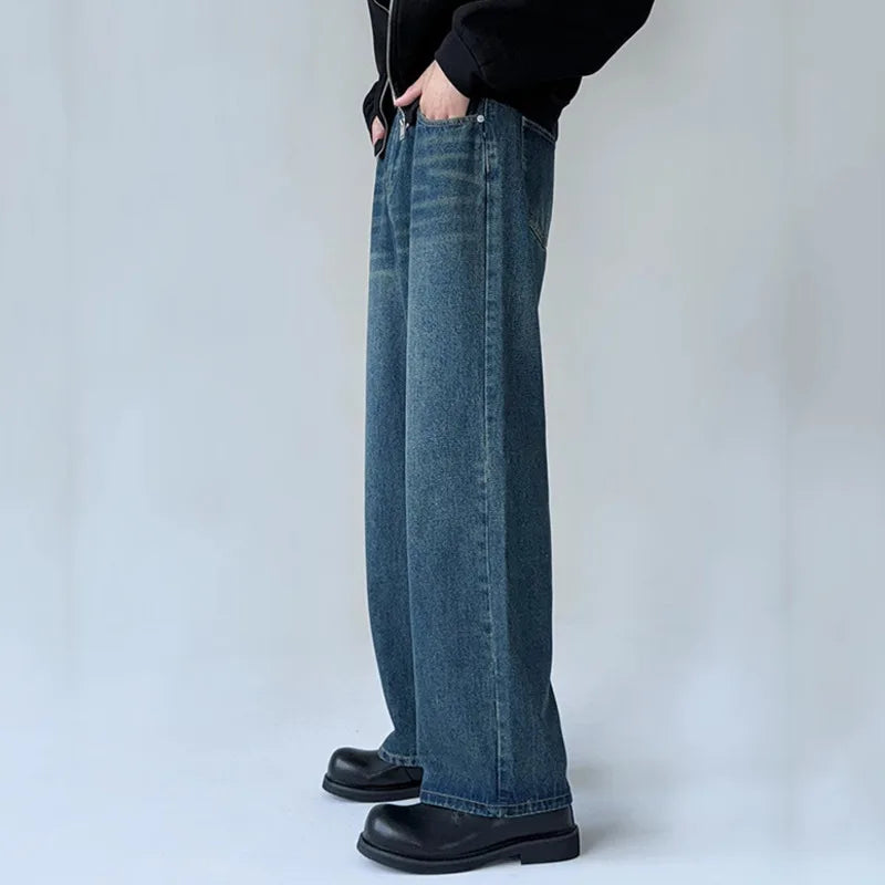 Men's Jeans New American High Street Washed Denim Pants Male Loose Solid Color Casual Fanshion Straight Leg Trousers 9W1428