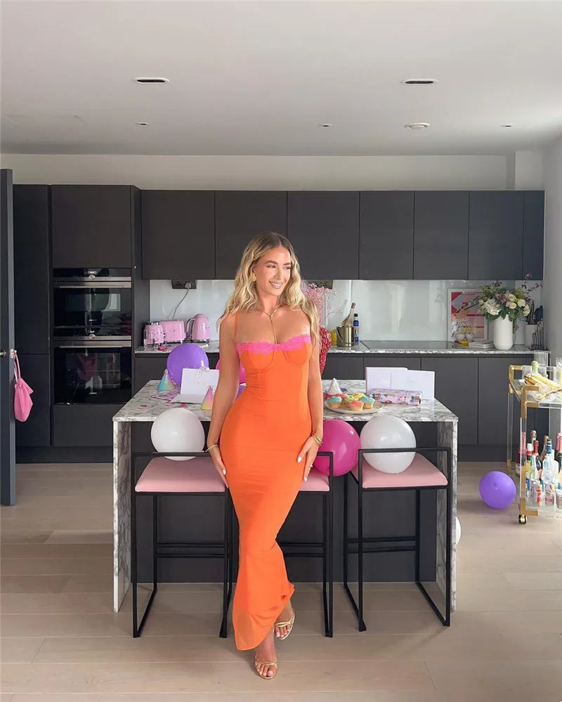 Lace Spaghetti Strap Bodycon Maxi Dress Women Robe New Patchwork Strapless Sleeveless Backless Sexy Club Party Dress