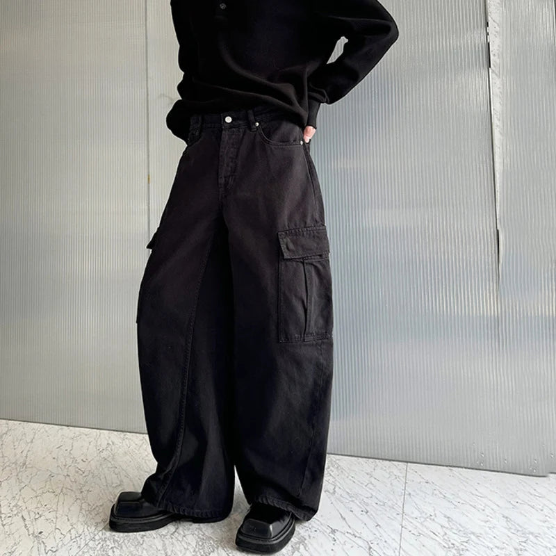 American Style Autumn Winter Men Three-dimensional Wide Leg Pants Solid Color Zipper Casual 2024 New Fashion Tide 9C9021