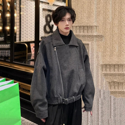 Load image into Gallery viewer, Fashion Men&#39;s Woolen Coats Turn-down Collar Hem Belt Design Solid Color Zipper Menswear Loose Thickened Jackets 9C9357
