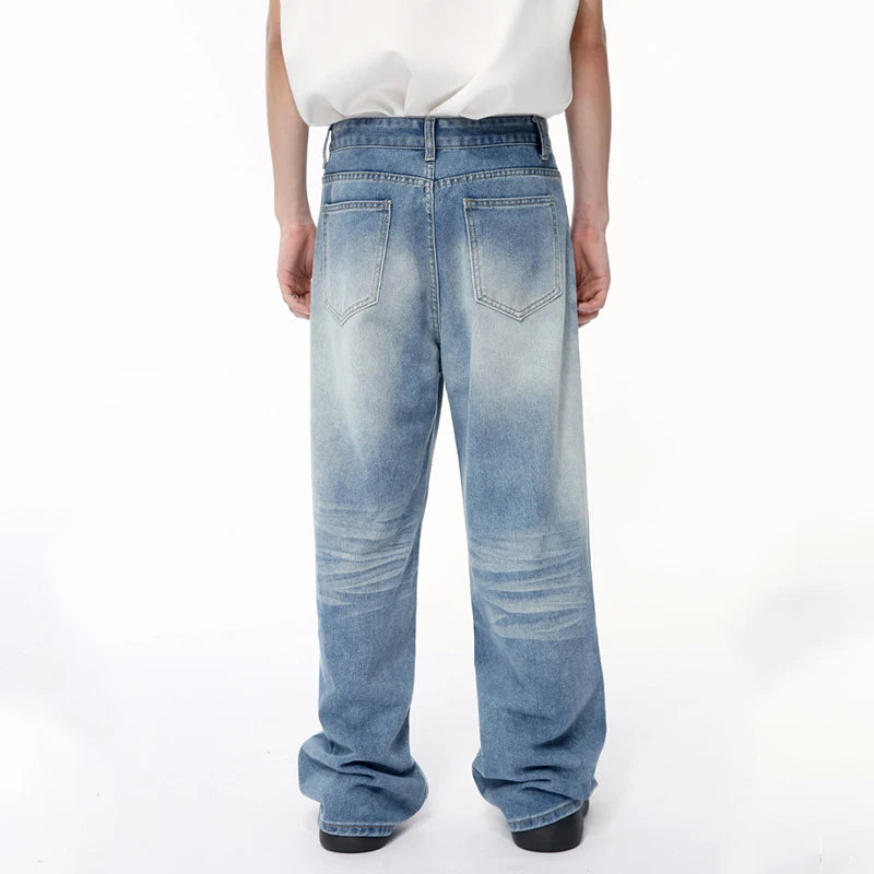 Fashion Men's Denim Pants Casual Worn-out Washing Wide Leg Jeans Vintage Loose Straight Male Trousers Summer 9C6395