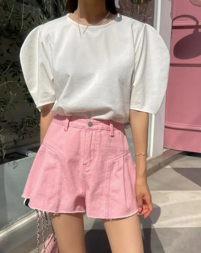 Fashion Summer Women Pink Elegant High Waist Button Wigh Leg Jeans Casual Female Loose Blue Versatile A-line Denim Shorts French