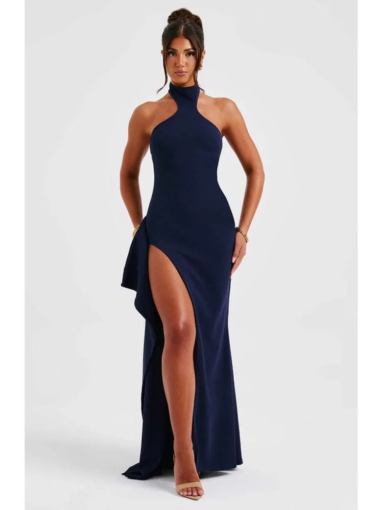 Women's Elegant Sleeveless Evening Dress, Open Back, High Split, Slim Fit Style, Female Long Dress, Spring, 2024