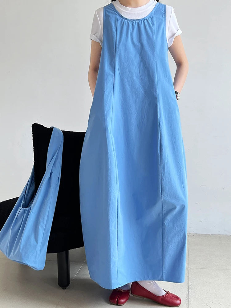 Women Blue With Bag Brief Elegant Long Vest Dress New Round Neck Sleeveless Fashion Tide Spring Autumn 2025 1DJ1112