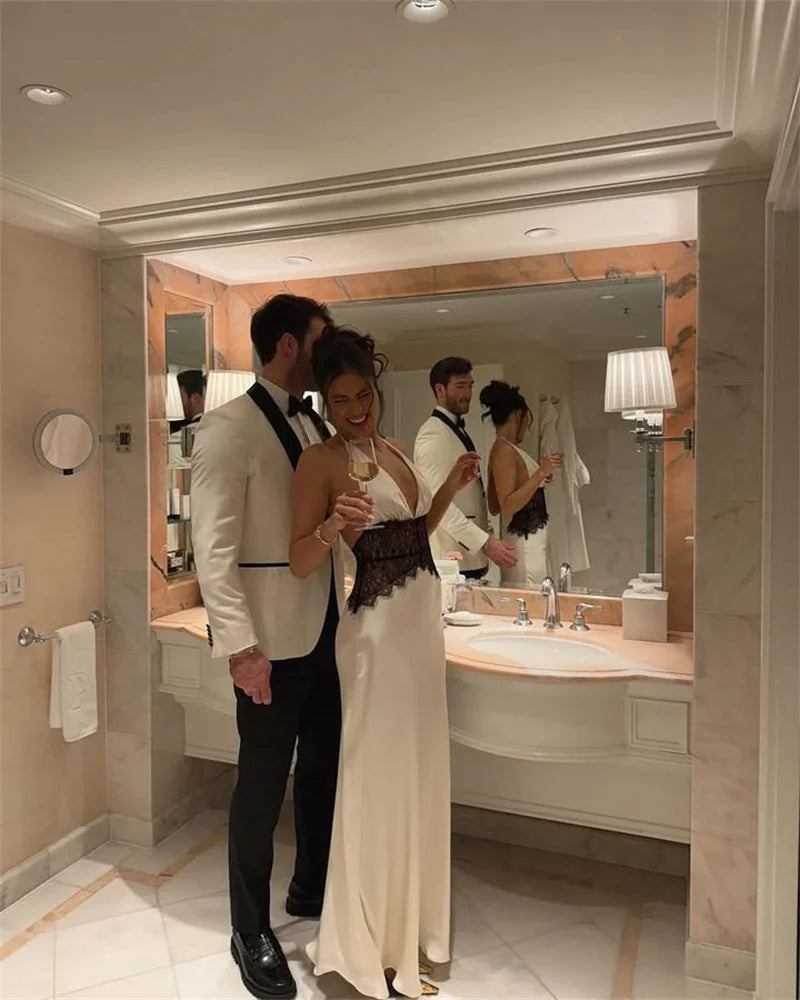 Summer Backless Sexy Maxi Dress Women Gown Patchwork Lace Halter Deep V Neck Sleeveless High Waist Elegant Long Dress