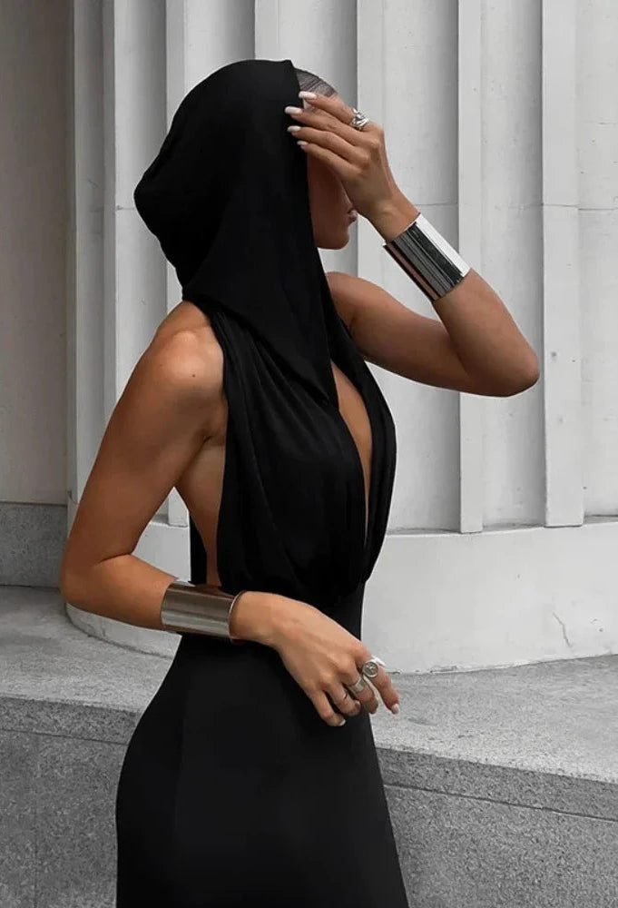 Deep V Neck Backless Hooded Long Dresses Fall 2023 Sexy Black Dress Women Elegant Party Night Club Outfits C83-CD32