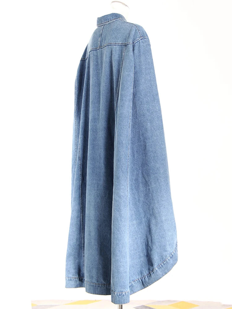 Women Blue Denim Irregular Big Size Cloak Trench New Lapel Long Sleeve Windbreaker Fashion Tide Spring Autumn 2025 7AB6483