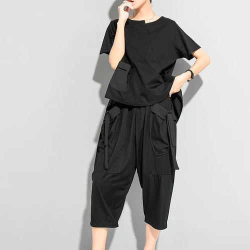 Load image into Gallery viewer, Women Black Pocket Irregular Hem Big Size Casual T-shirt New Round Neck Short Sleeve Fashion Spring Summer 2025 1DJ1791
