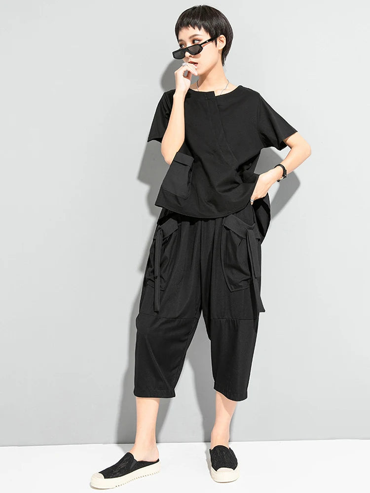 Women Black Pocket Irregular Hem Big Size Casual T-shirt New Round Neck Short Sleeve Fashion Spring Summer 2025 1DJ1791