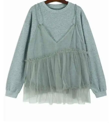 Women Gray Mesh Spliced Big Size Casual T-shirt New Round Neck Long Sleeve Fashion Tide Spring Autumn 2025 1DH7244