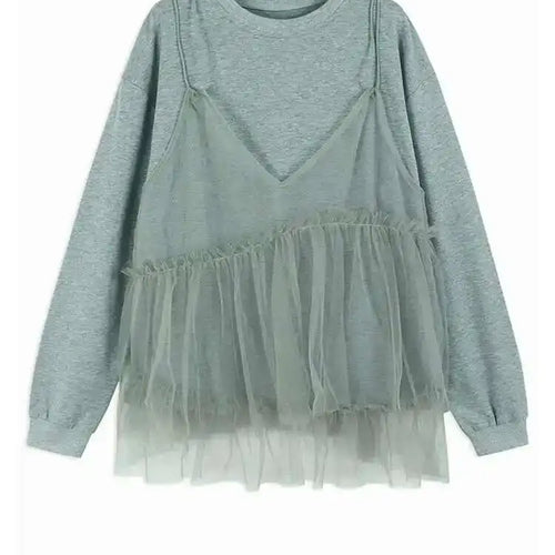 Load image into Gallery viewer, Women Gray Mesh Spliced Big Size Casual T-shirt New Round Neck Long Sleeve Fashion Tide Spring Autumn 2025 1DH7244
