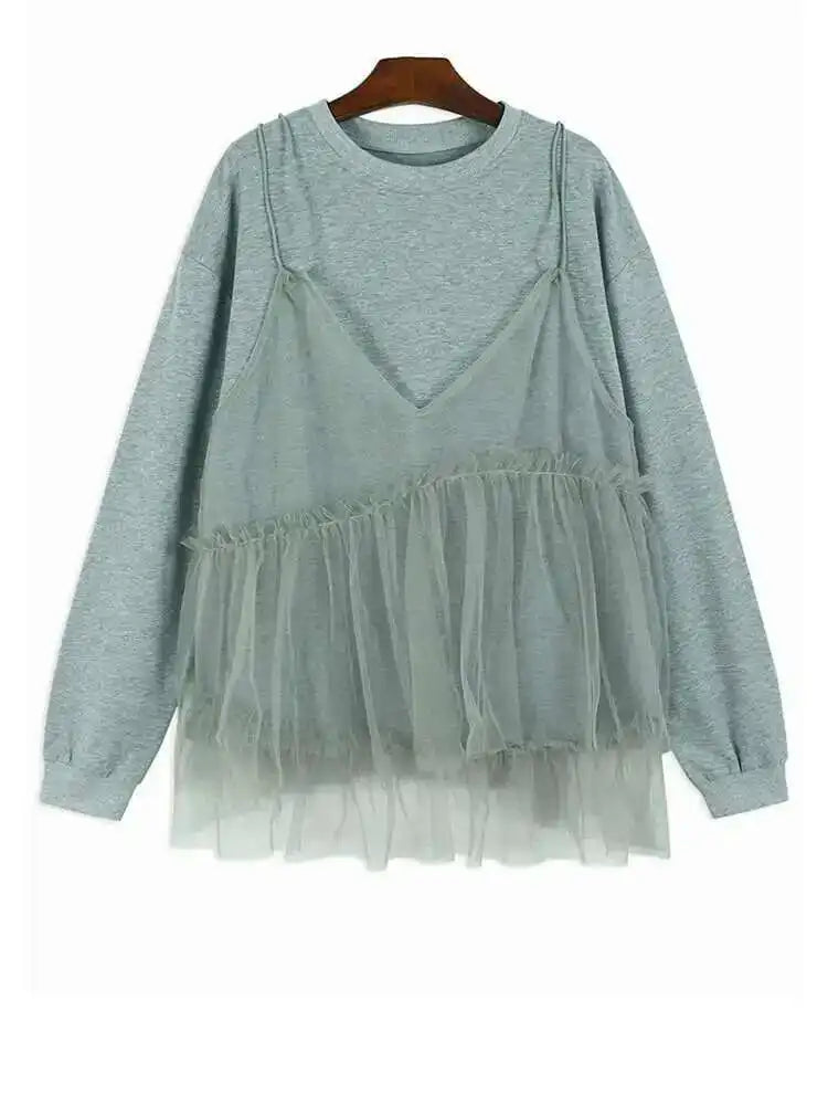 Women Gray Mesh Spliced Big Size Casual T-shirt New Round Neck Long Sleeve Fashion Tide Spring Autumn 2025 1DH7244