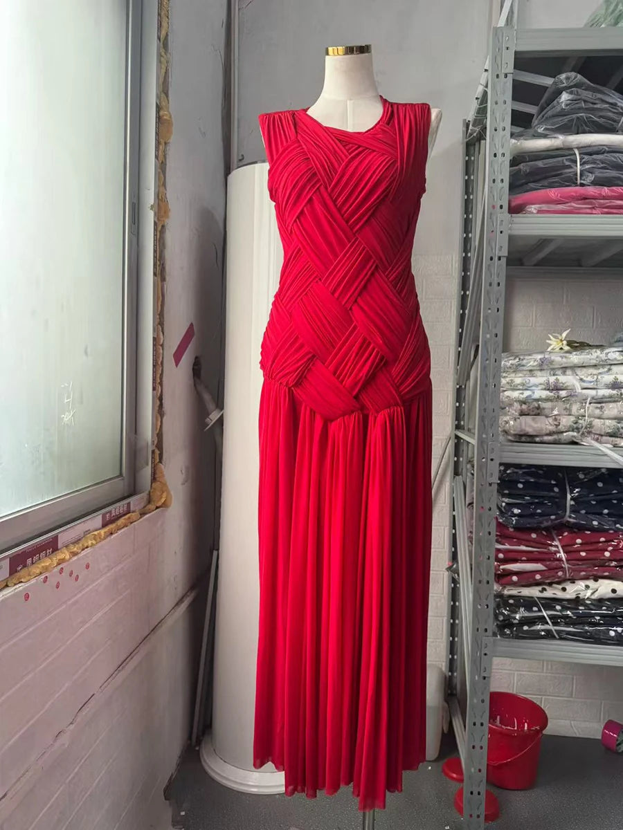 Slimming Sheer Spliced Shirring Fashion Dresses for Women Round Neck Sleeveless Split Elegant Dress Female Clothing